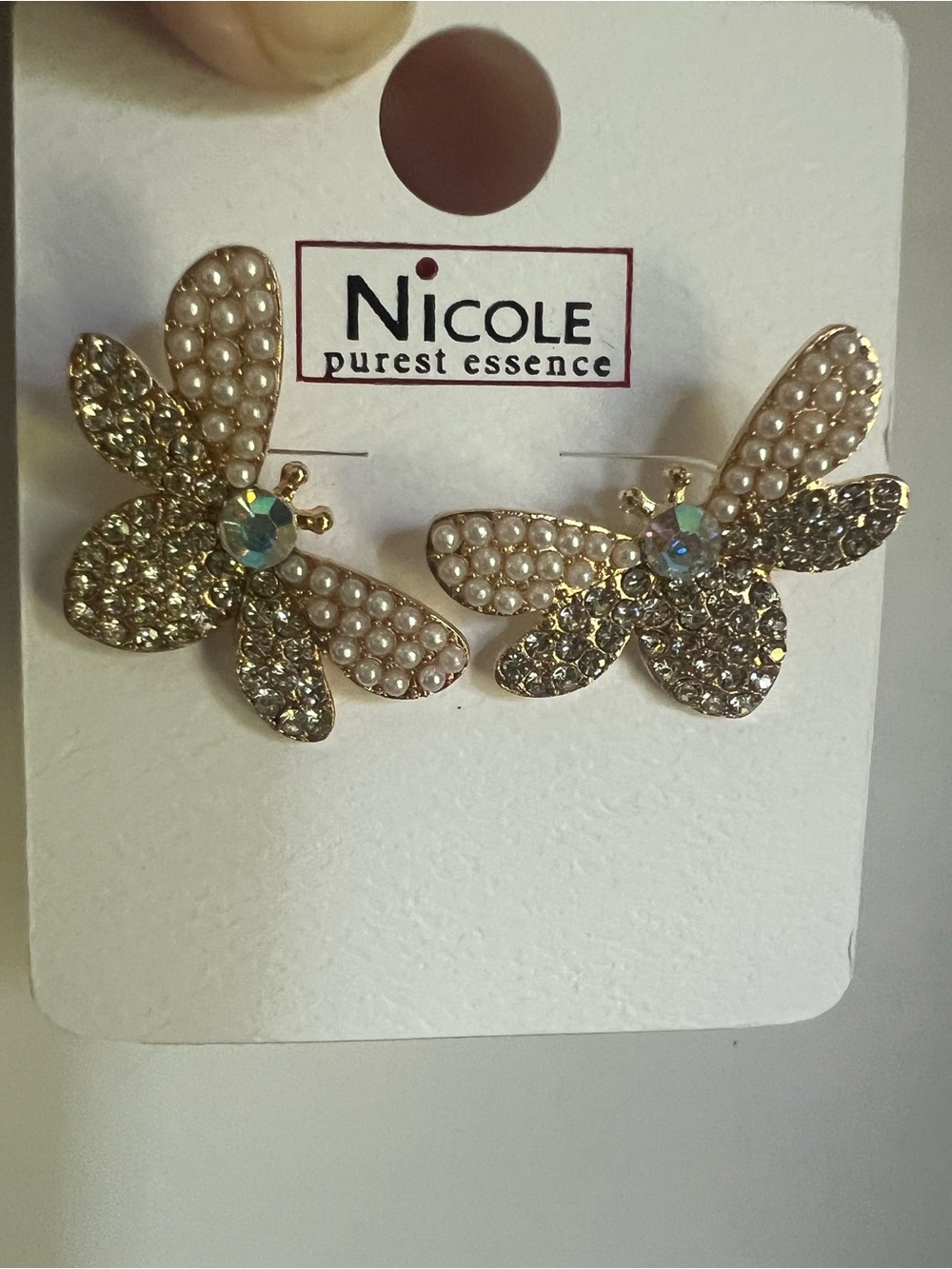 Nicole Gold Bee Stud Earrings with Pearled Wings and Iridescent Centers